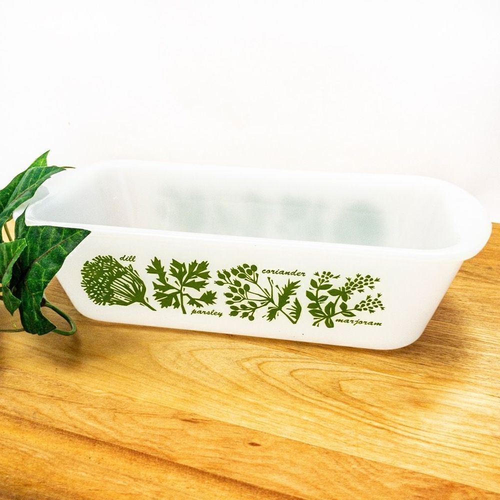 1960’s VTG Glasbake J522 1.5 Quart Milk Glass Loaf Pan Green Herb Pattern